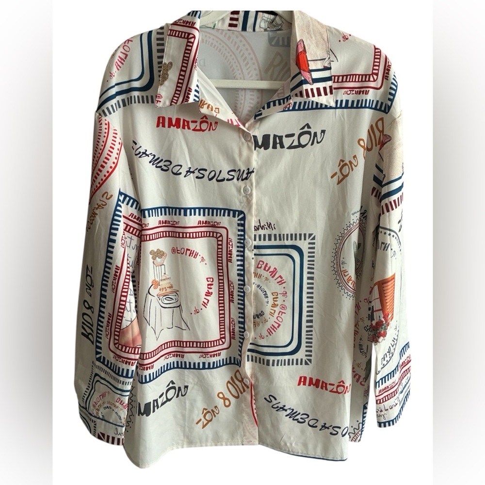 Vintage Hipster Graphic Print Button-Up Shirt in White Multi Size Medium NWOT
